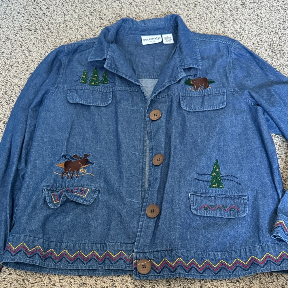 Vintage Breckenridge Embroidered 100% Cotton Denim Jacket with Moose and Tree - Picture 3 of 6